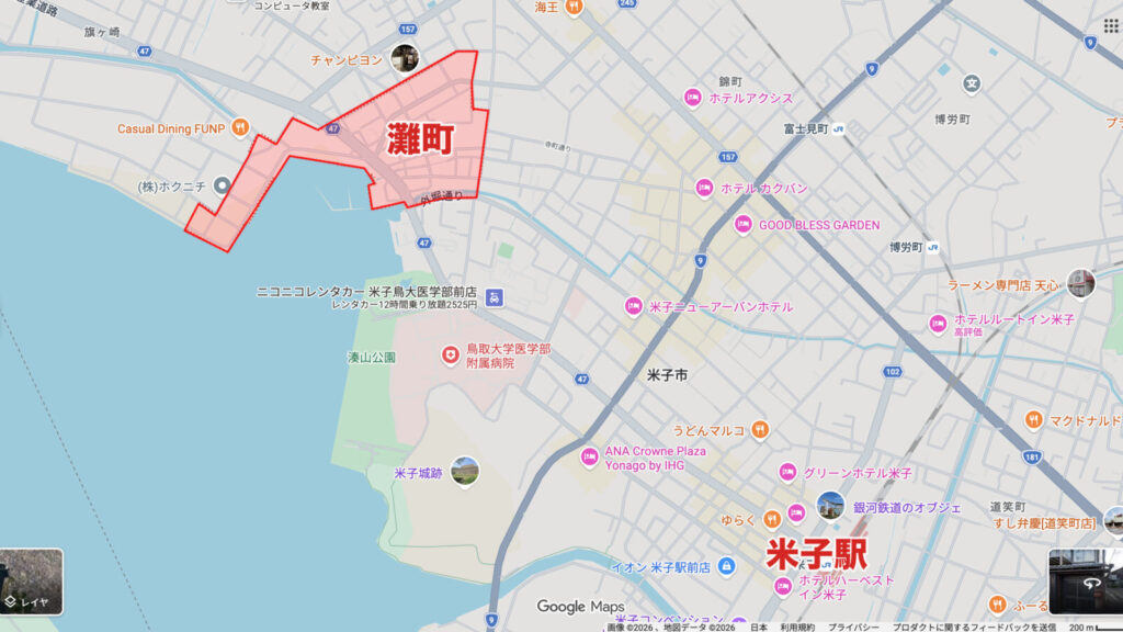 米子・花園町（灘町）遊郭跡の地図